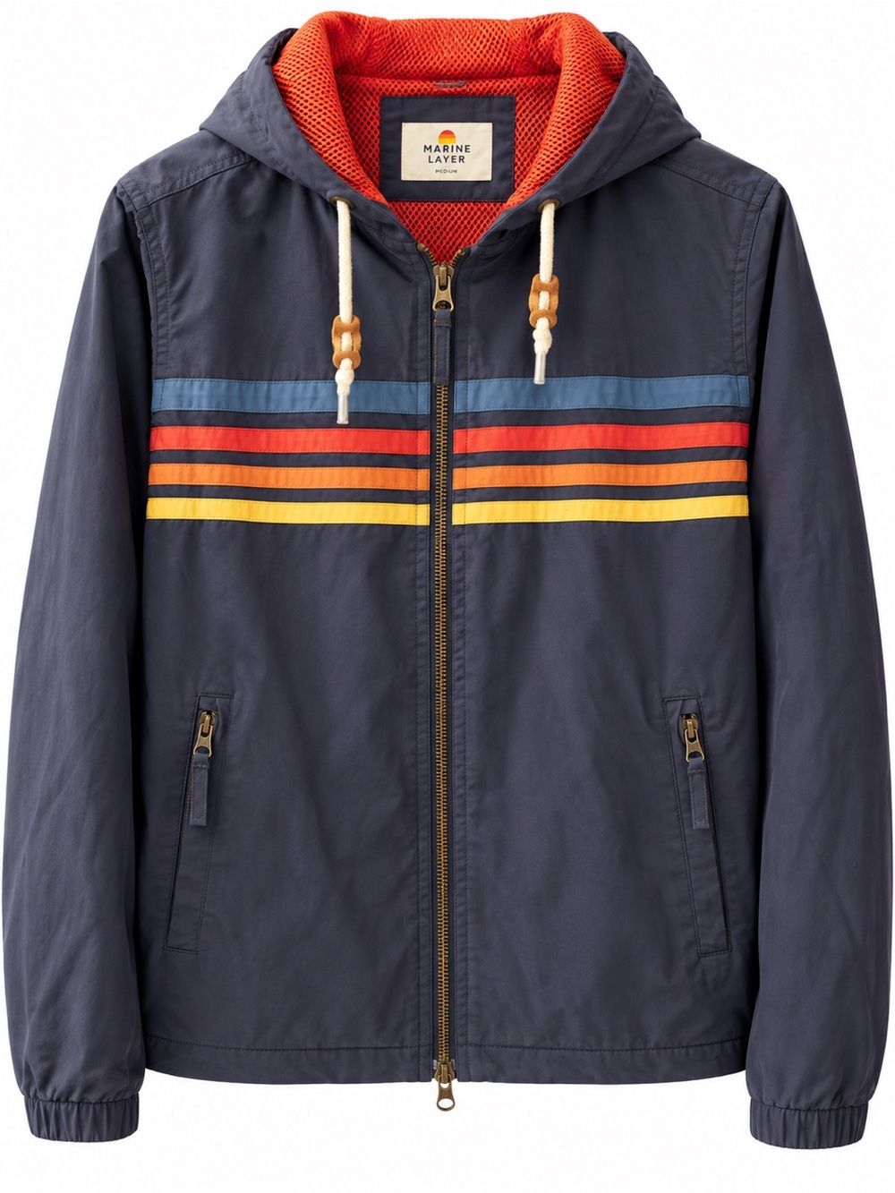 Marine Layer Unisex Hooded Jacket Medium Navy Retro Stripe Mesh Lined